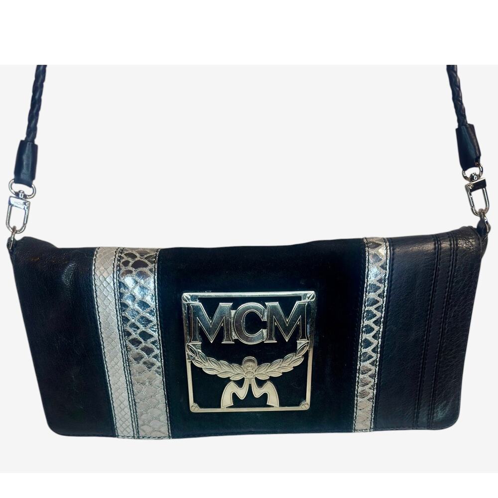 MCM Black Leather Suede Shoulder Bag ~ Large Silver Logo~ Snake Trim ~ Italy